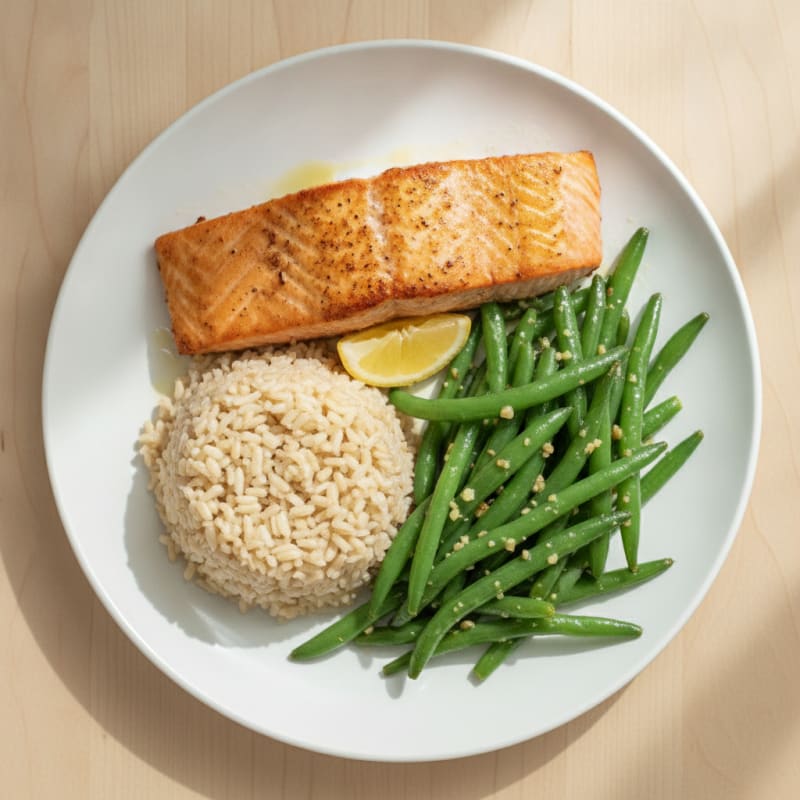 Seared Salmon with Garlic Green Beans and Brown Rice