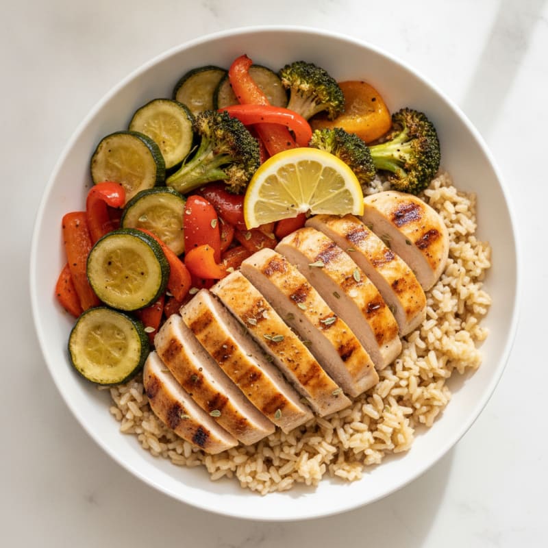 Grilled Chicken and Brown Rice Bowl with Roasted Vegetables