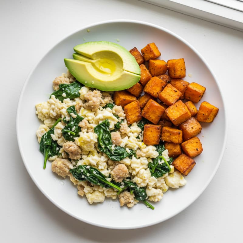 Egg White and Turkey Sausage Scramble with Sautéed Spinach