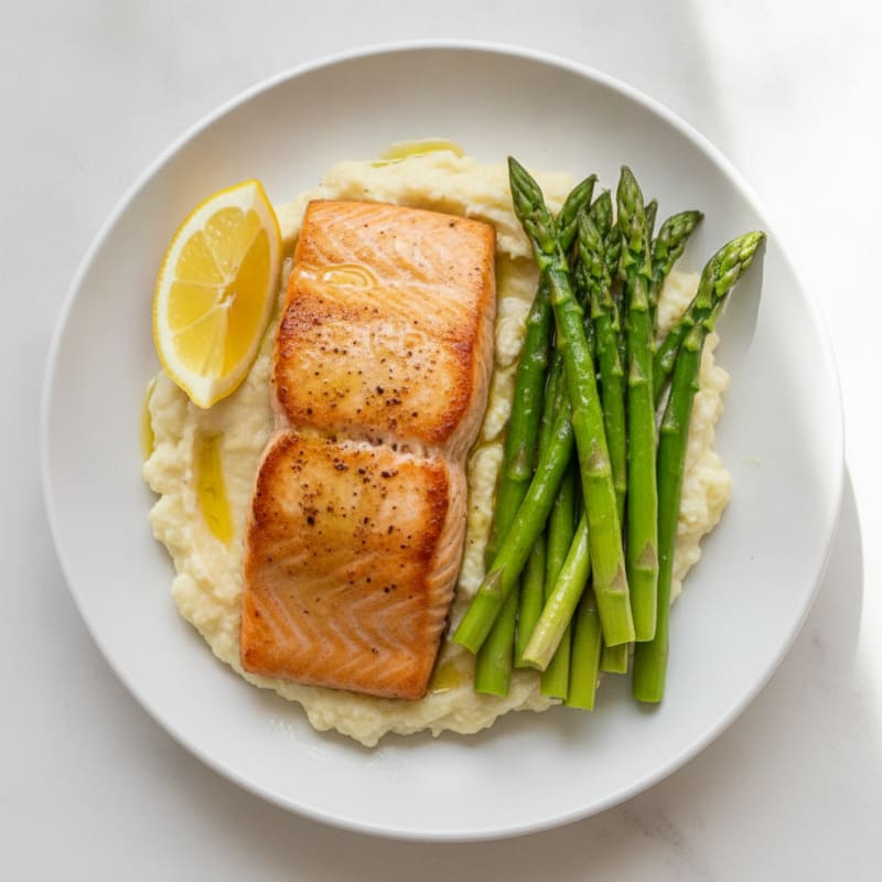 Seared Salmon with Steamed Asparagus and Garlic Cauliflower Mash