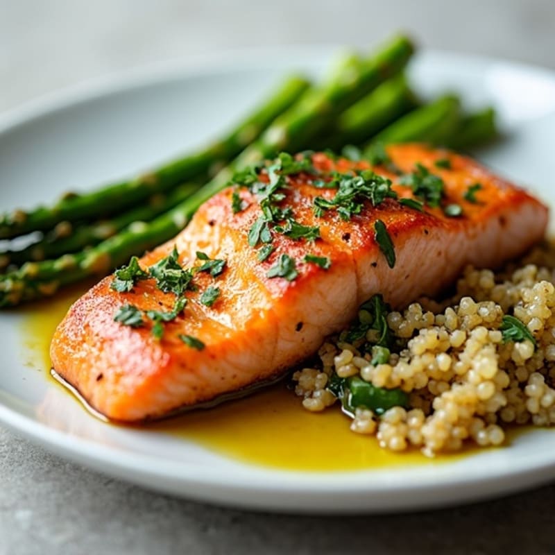 Pan-Seared Salmon with Herb Quinoa and Roasted Asparagus