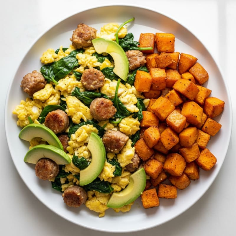Chicken Sausage and Spinach Egg Scramble with Roasted Sweet Potatoes
