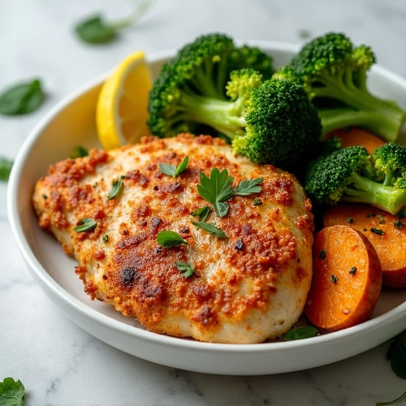 Crispy Lemon Herb Chicken with Roasted Broccoli and Sweet Potatoes
