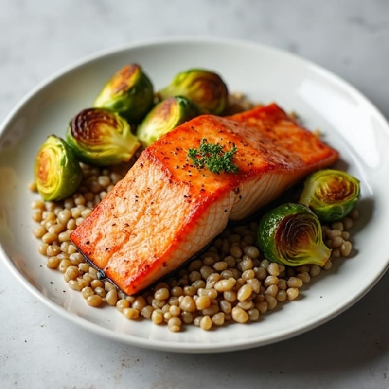 Seared Salmon Fillet with Roasted Brussels Sprouts and Lentil Mash