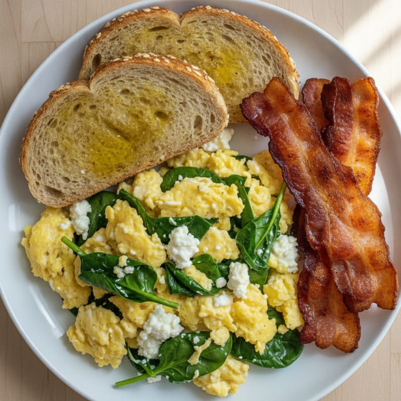 Cottage Cheese and Egg Scramble with Spinach and Turkey Bacon