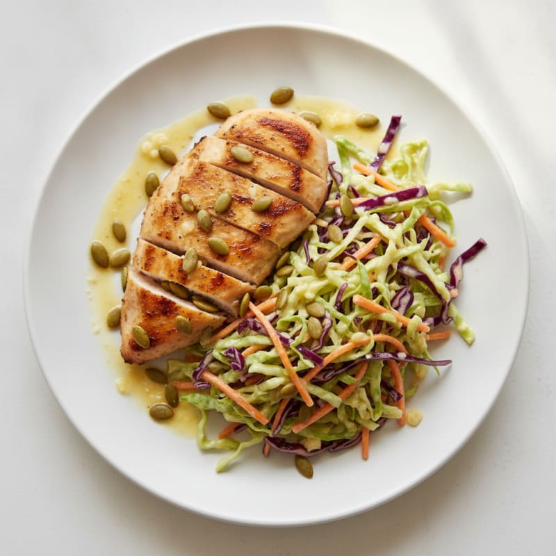 Grilled Chicken Breast with Crunchy Cabbage Slaw and Lemon Yogurt Dressing