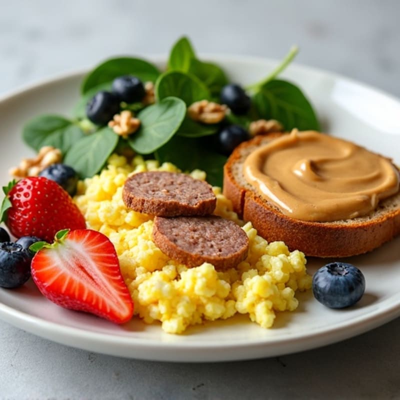 Egg White Scramble with Turkey Sausage and Spinach, Whole Grain Toast