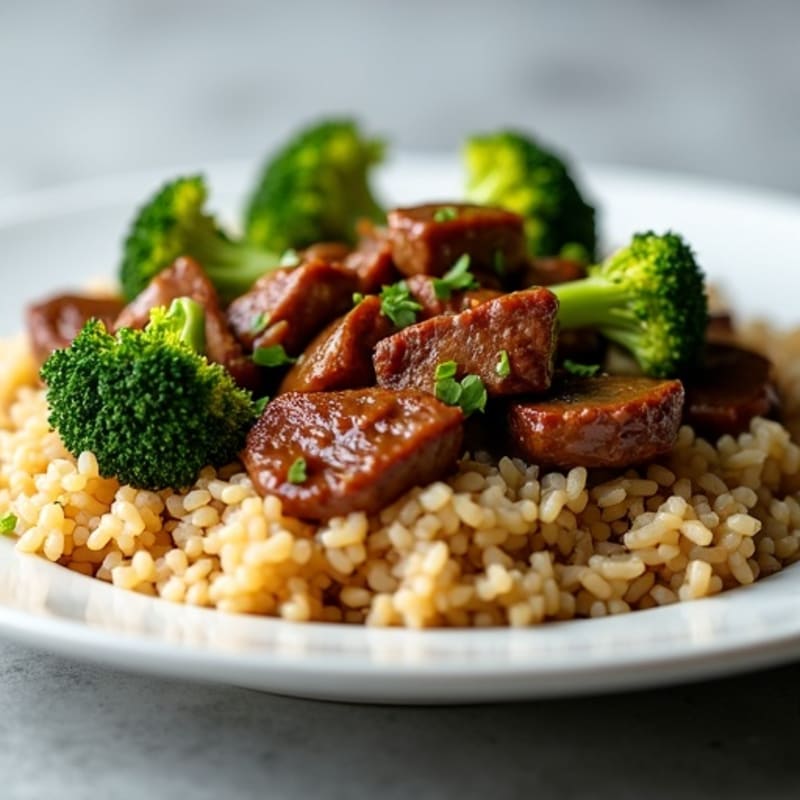 Garlic Ginger Beef and Crispy Broccoli with Brown Rice
