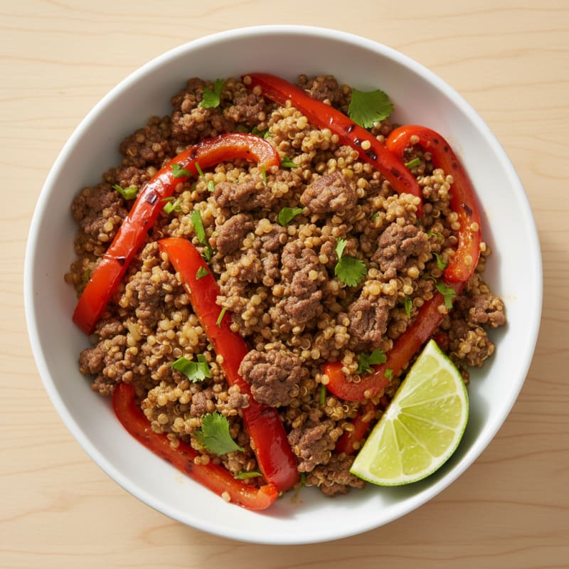 Lean Ground Beef and Quinoa Bowl with Roasted Peppers