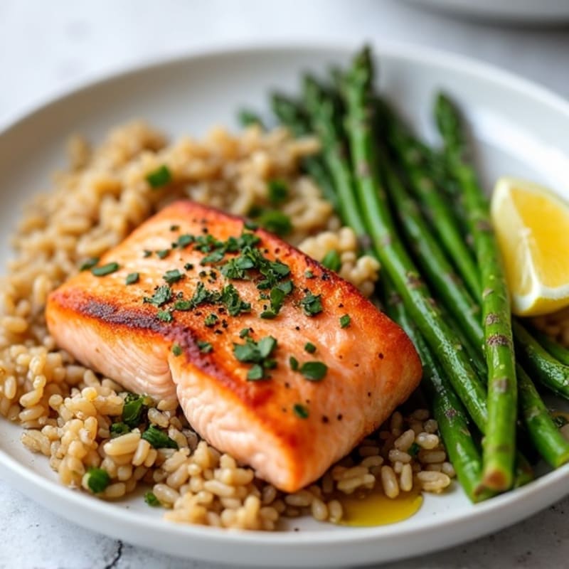Seared Salmon with Steamed Asparagus and Brown Rice