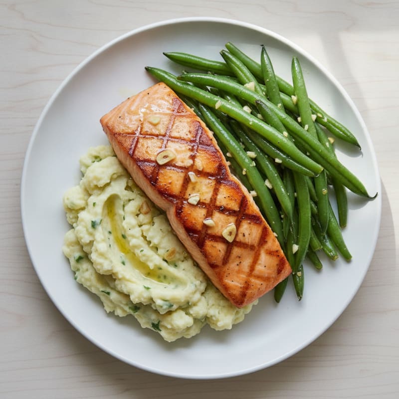 Seared Salmon with Steamed Green Beans and Garlic Mashed Cauliflower
