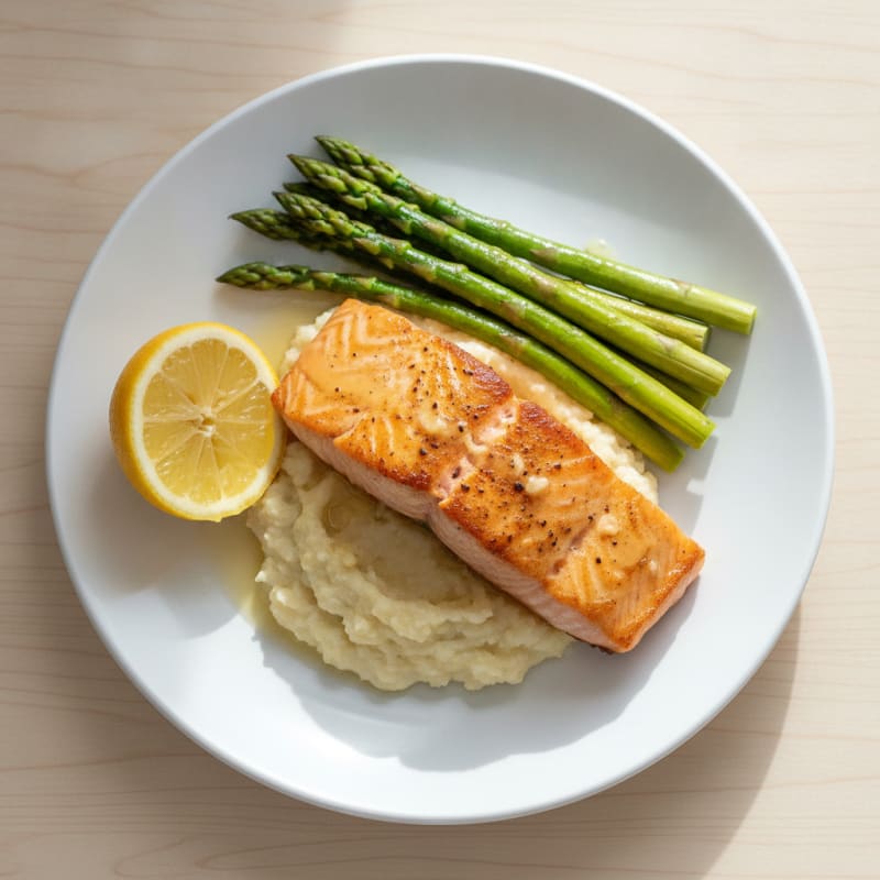 Seared Salmon with Steamed Asparagus and Cauliflower Mash