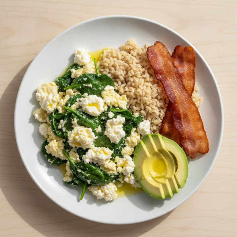 Egg White and Spinach Scramble with Cottage Cheese and Turkey Bacon