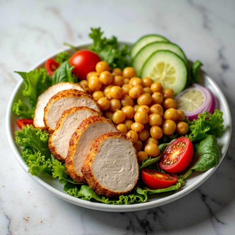 Grilled Turkey Breast Salad with Crunchy Chickpeas and Mixed Greens