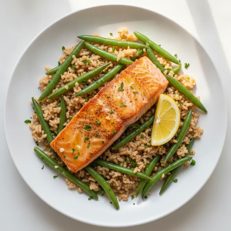 Seared Salmon with Steamed Green Beans and Garlic Herb Rice