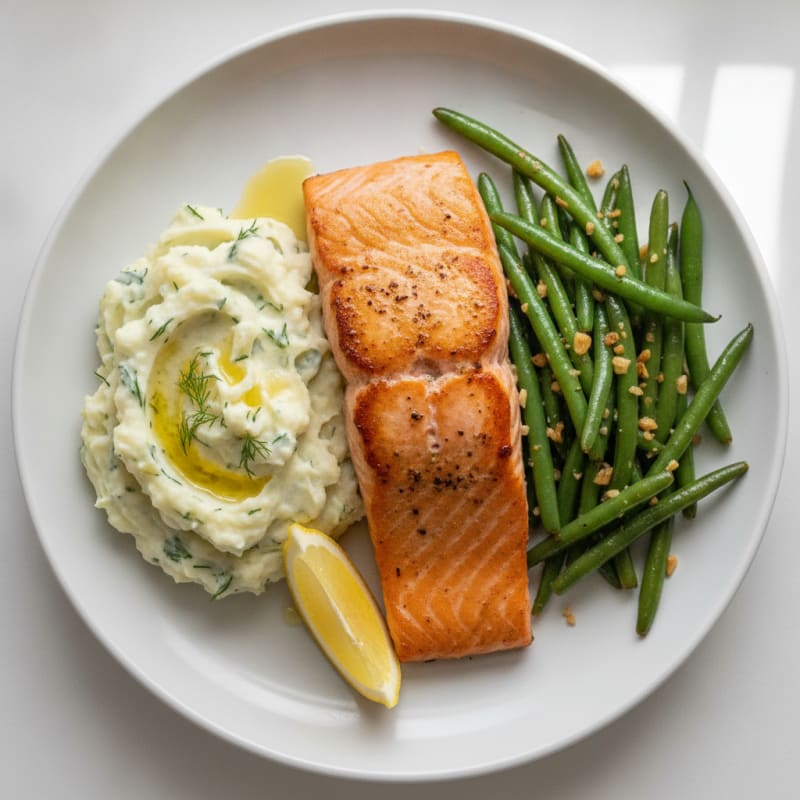 Pan Seared Salmon with Herbed Mashed Potatoes and Sauteed Green Beans