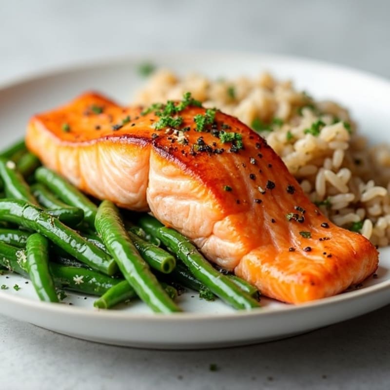 Seared Salmon with Garlic Green Beans and Brown Rice