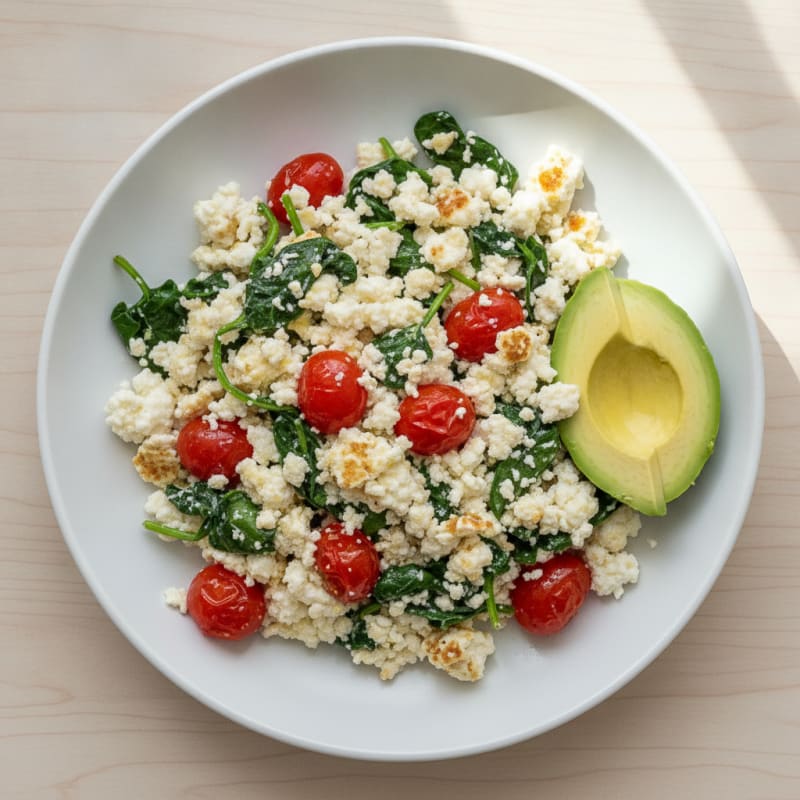 Egg White and Cottage Cheese Scramble with Spinach and Cherry Tomatoes