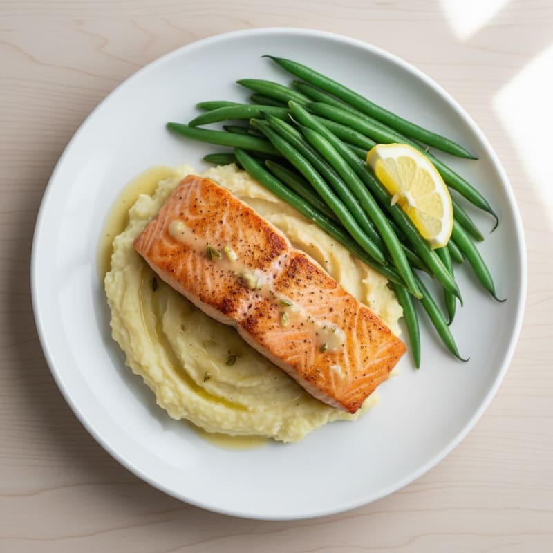 Seared Salmon Fillet with Steamed Green Beans and Garlic Cauliflower Mash