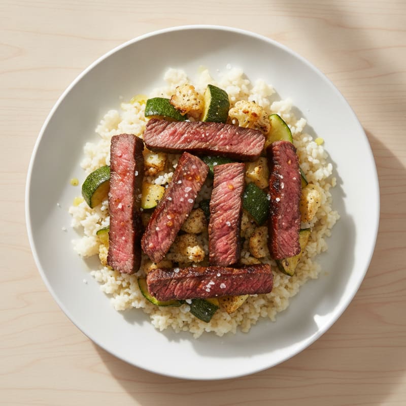 Seared Lean Beef Strips with Roasted Zucchini and Cauliflower Rice