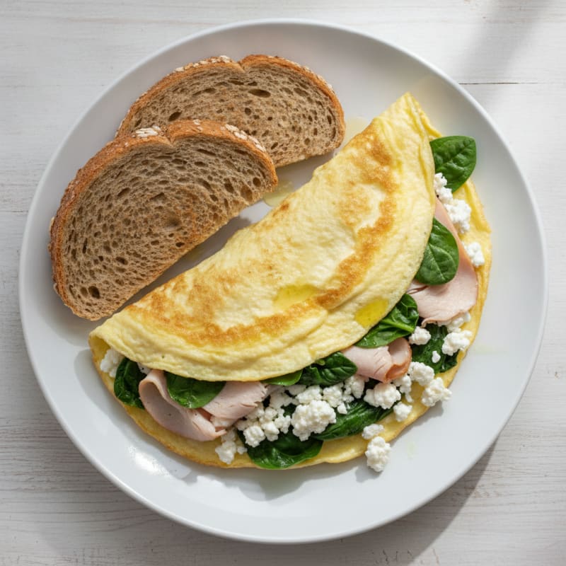 Cottage Cheese and Spinach Egg White Omelet with Sliced Turkey