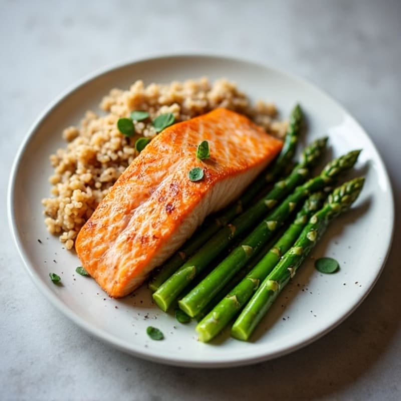 Seared Salmon Fillet with Steamed Asparagus and Brown Rice