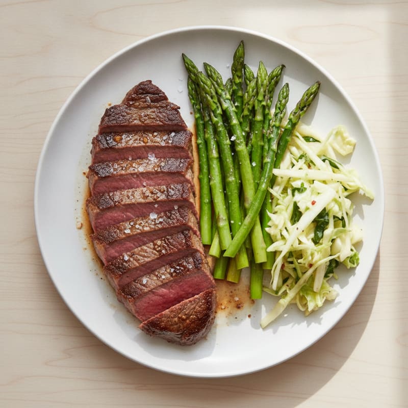 Seared Lean Beef Steak with Steamed Asparagus and Shredded Cabbage Slaw