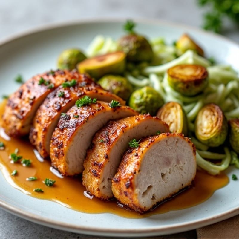 Crispy Pork Tenderloin with Roasted Brussels Sprouts and Apple Slaw