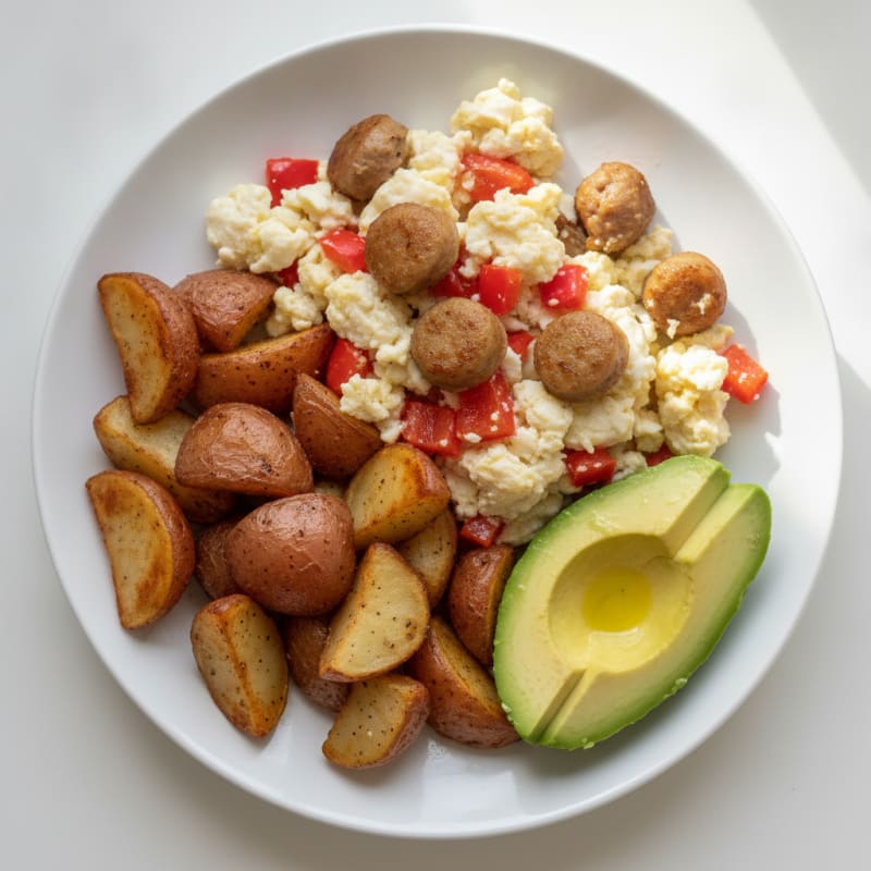 Crispy Turkey Sausage and Egg White Scramble with Roasted Potatoes