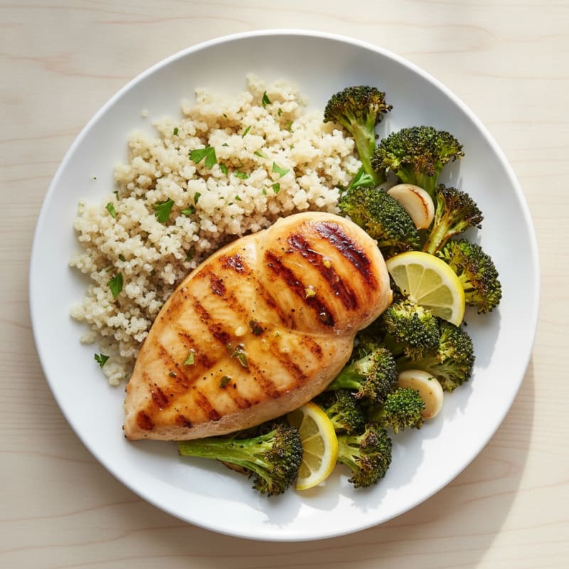Grilled Lemon Garlic Chicken Breast with Quinoa and Roasted Broccoli