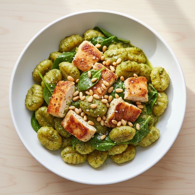 Creamy Pesto Gnocchi with Toasted Pine Nuts