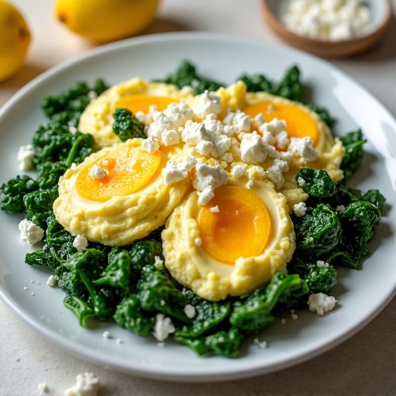 Fluffy Scrambled Eggs with Sautéed Spinach and Crumbled Feta