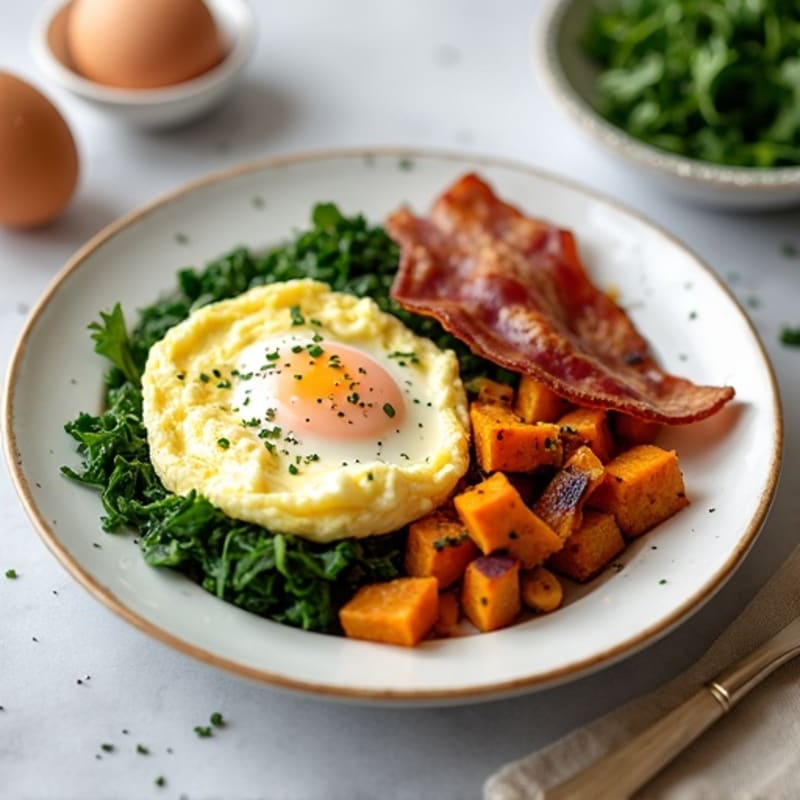 Fluffy Scrambled Eggs with Sautéed Greens and Crispy Sweet Potato Hash