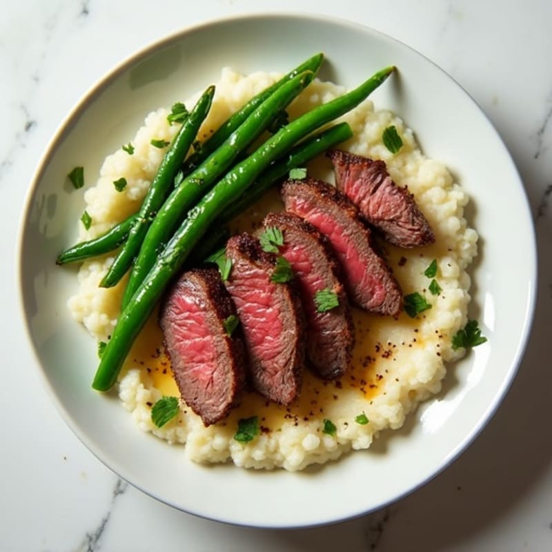Seared Lean Beef Strips with Garlic Green Beans and Cauliflower Mash
