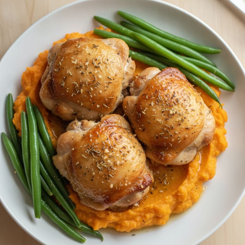 Herb-Roasted Chicken Thighs with Steamed Green Beans and Sweet Potato Mash