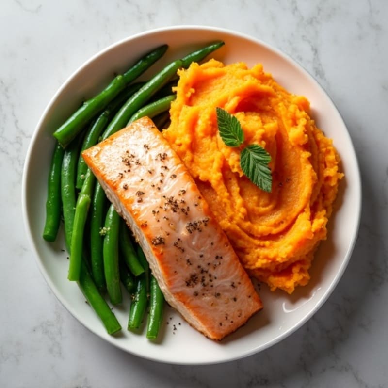 Baked Salmon with Garlic Green Beans and Sweet Potato Mash