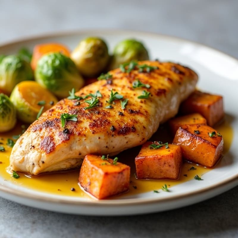 Lemon-Garlic Roasted Chicken with Crispy Brussels Sprouts and Sweet Potatoes