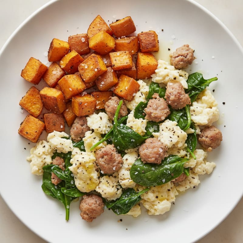 Egg White and Turkey Sausage Scramble with Spinach and Roasted Sweet Potatoes