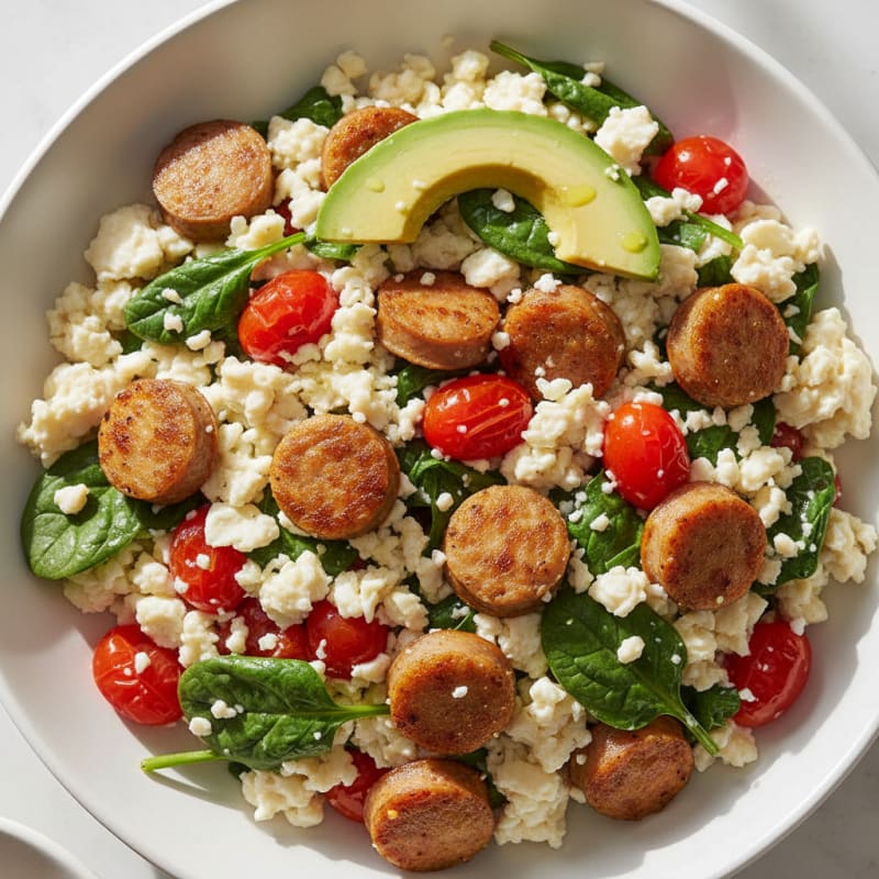 Egg White and Turkey Sausage Scramble with Spinach and Tomatoes