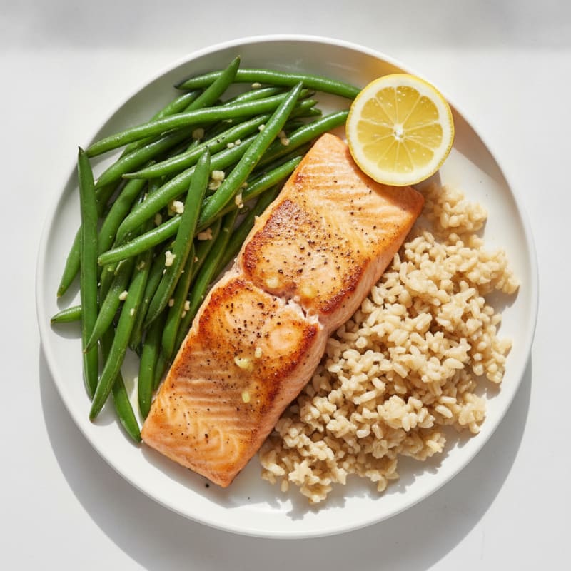 Seared Salmon Fillet with Garlic Green Beans and Brown Rice
