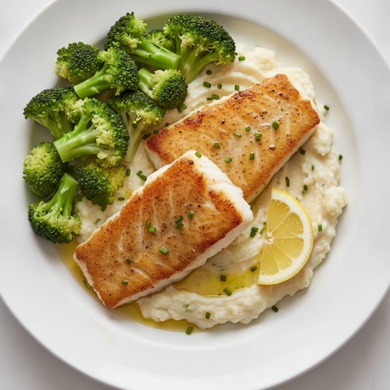 Seared Cod with Steamed Broccoli and Garlic Cauliflower Mash