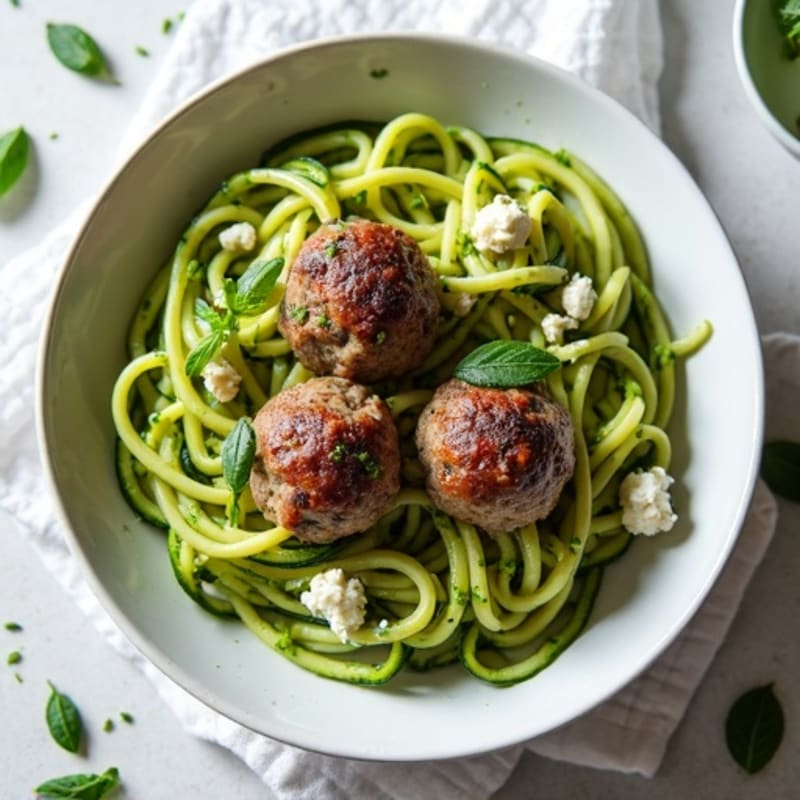 Savory Lamb Meatballs with Creamy Zucchini Noodles and Bright Mint Pesto