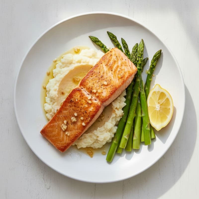 Seared Salmon with Steamed Asparagus and Cauliflower Mash