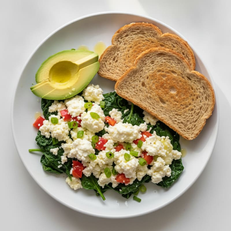Egg White Veggie Scramble with Cottage Cheese and Sautéed Spinach
