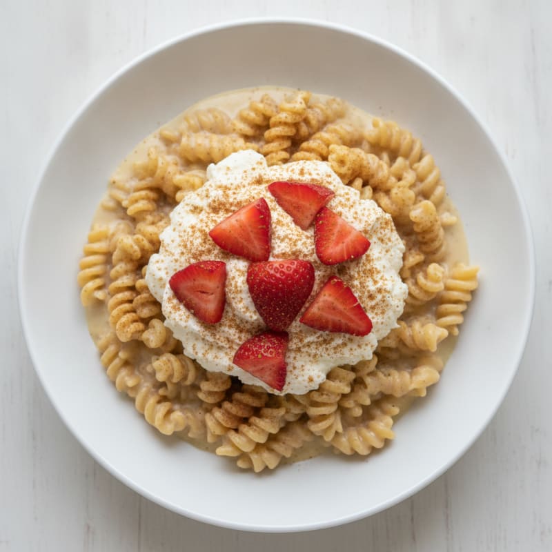 Protein Pasta Pudding with Whipped Cottage Cheese and Fresh Strawberries