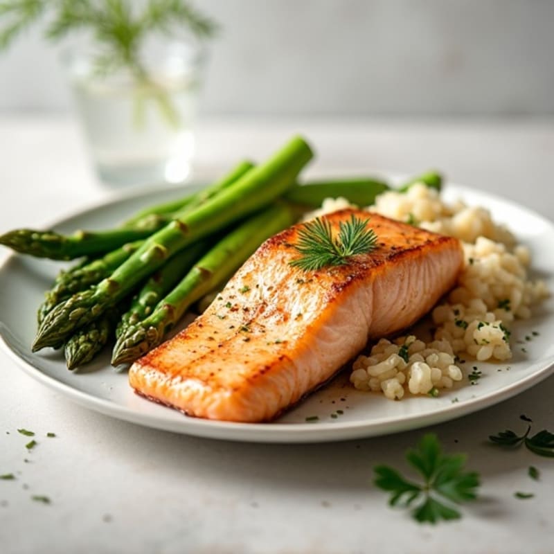 Seared Salmon with Steamed Asparagus and Lemon Herb Rice