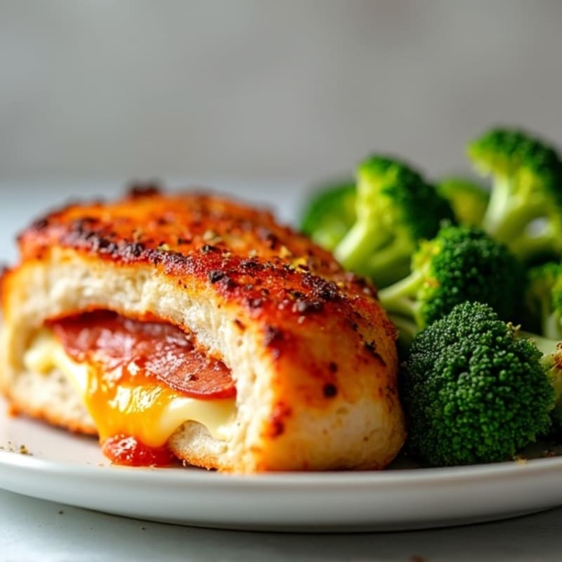 Baked Chicken Stuffed with Melty Mozzarella and Turkey Pepperoni, with Crispy Roasted Broccoli