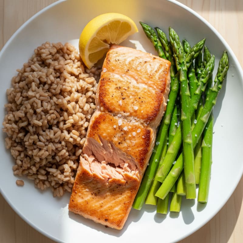 Seared Salmon with Steamed Asparagus and Brown Rice