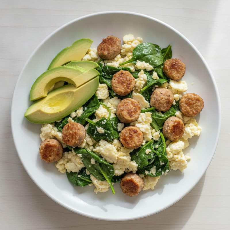 Egg White Spinach Scramble with Turkey Sausage