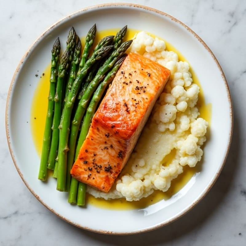 Seared Salmon Fillet with Steamed Asparagus and Cauliflower Mash